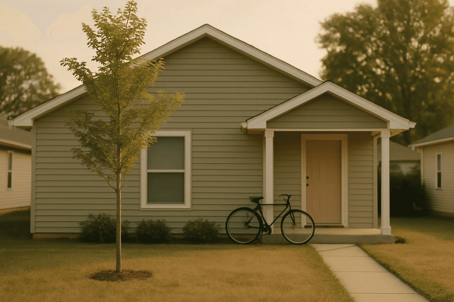 A modest single-story starter home with a small front lawn and a young tree on a sunny afternoon