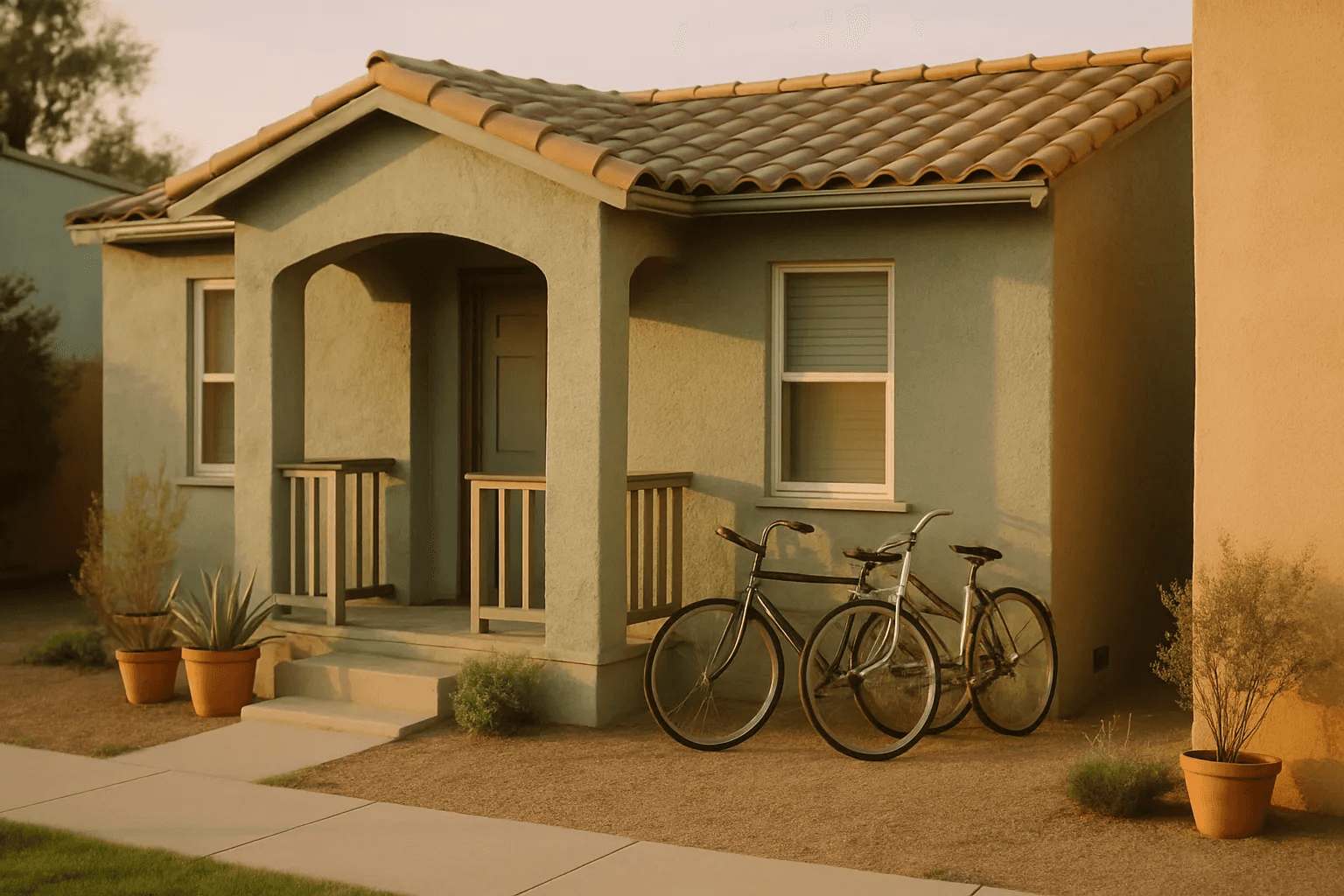 A small stucco house with a tidy front yard and a family's bicycles leaning by the porch in warm evening light