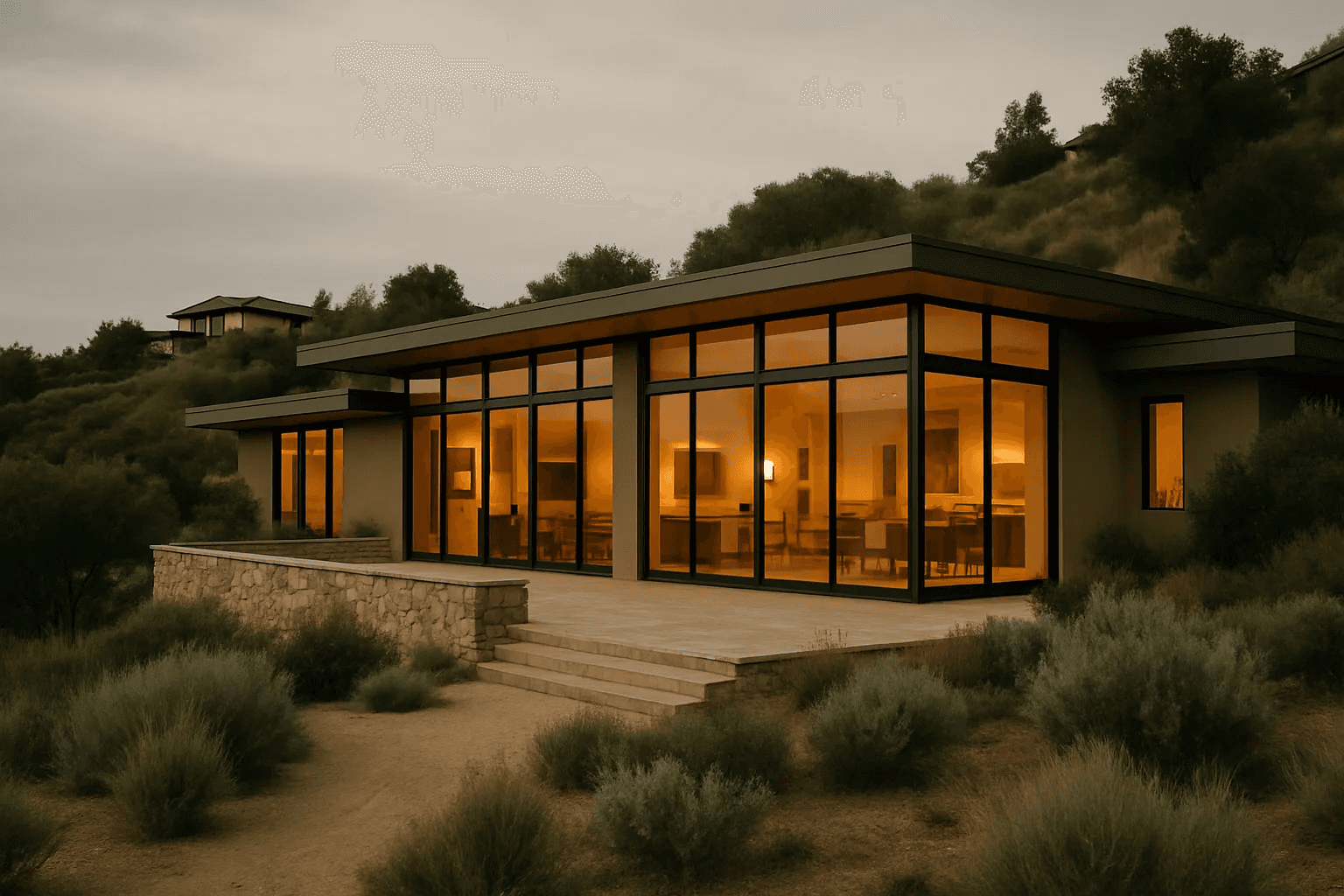 A large modern hillside home with wide windows and a stone terrace at dusk