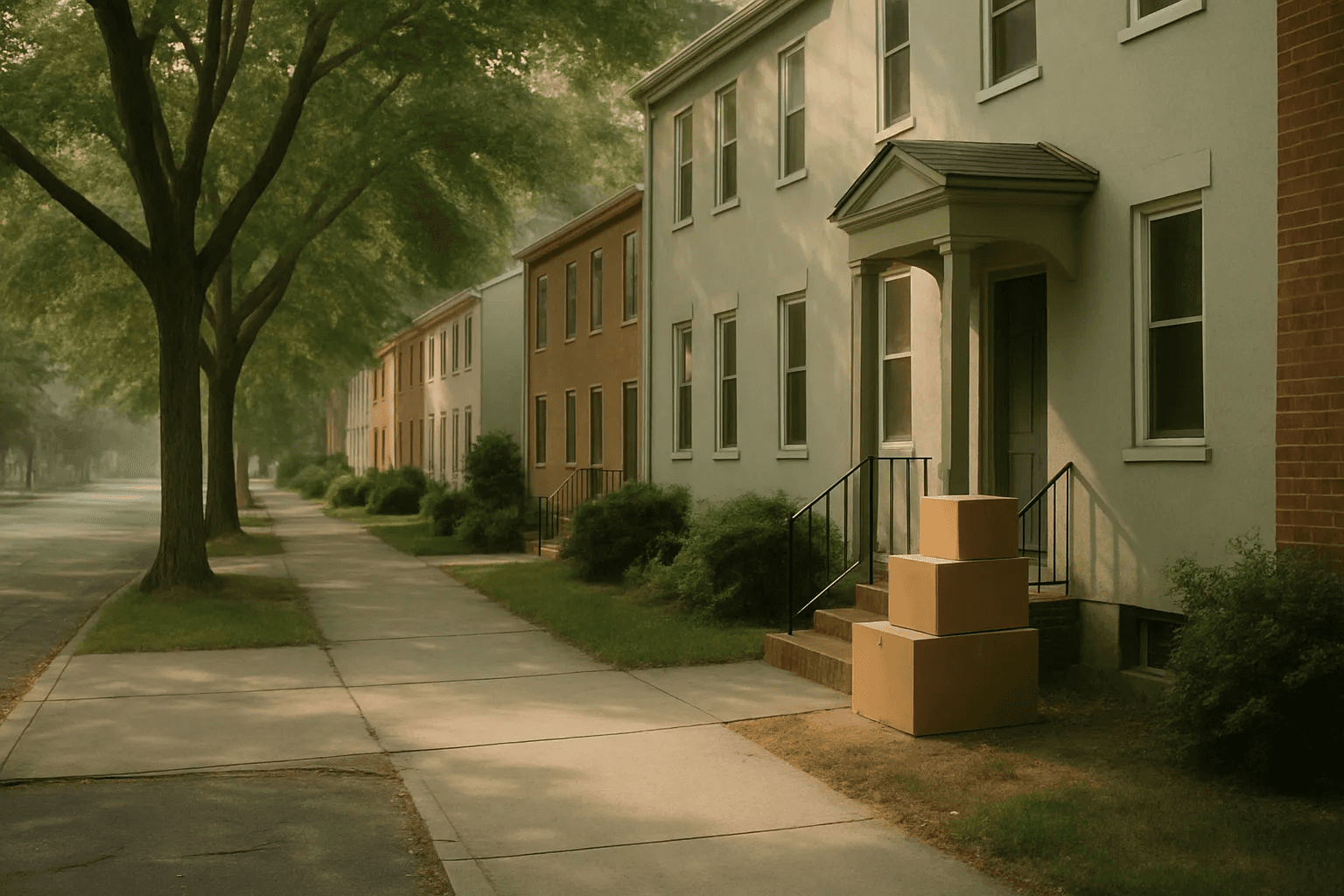 A row of modest townhomes on a quiet tree-lined street with moving boxes stacked on one front step