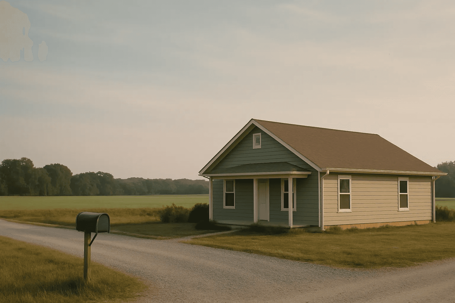 A modest farmhouse-style home beside open fields and a gravel driveway under a wide blue sky